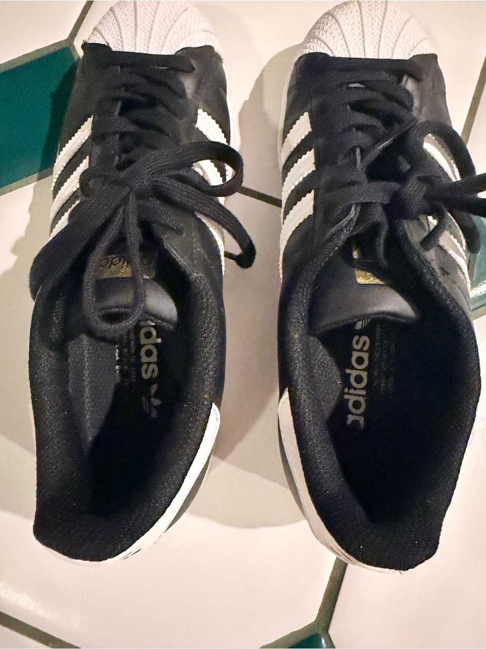 Adidas Superstar Leather Sneaker - Black White with Gold Tongue Logo - Picture 6 of 9